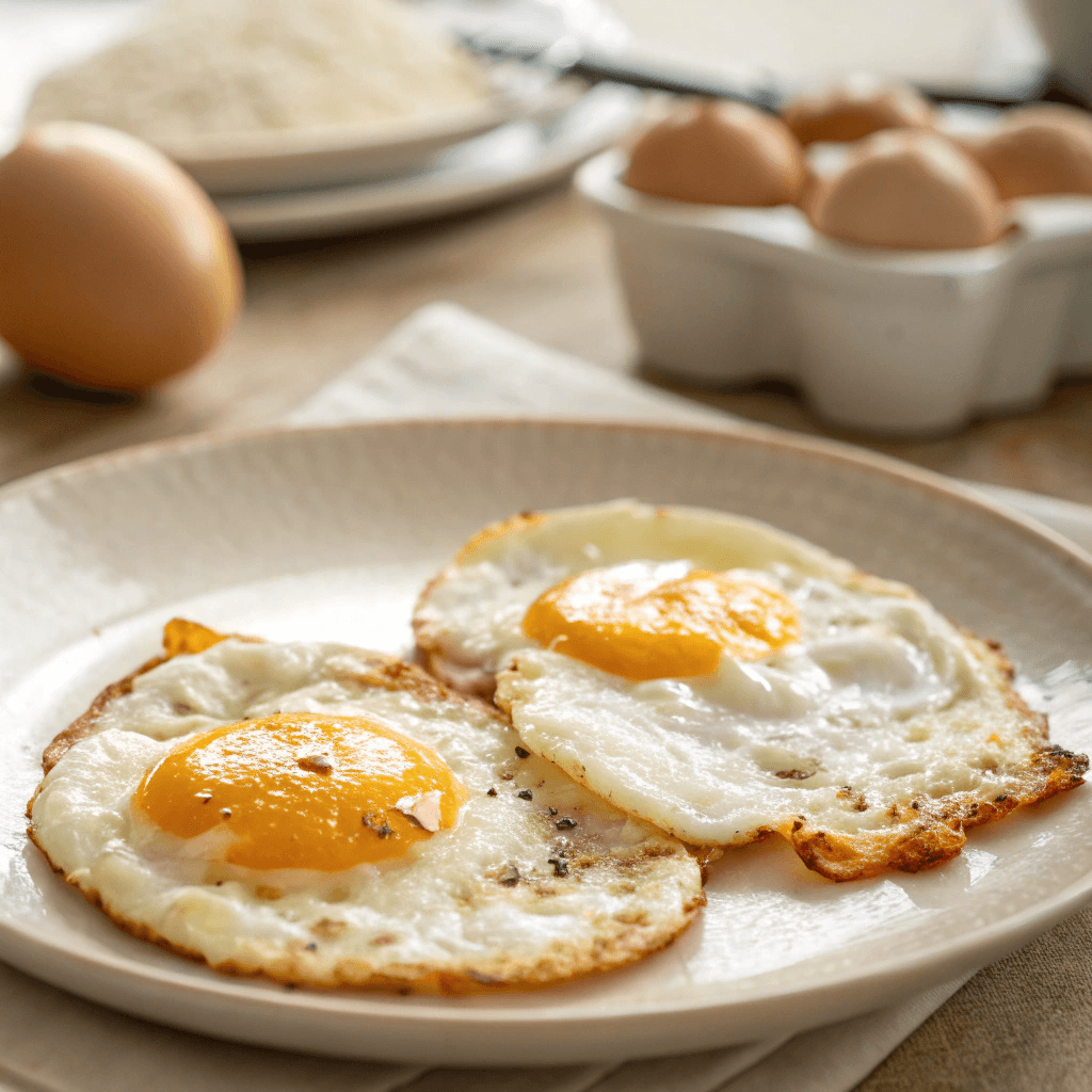 Two eggs frying in a skillet with melted butter, edges crisping to a golden brown.