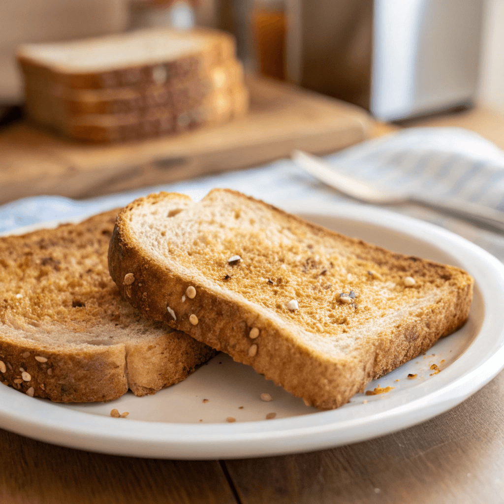 Two slices of multigrain bread toasting to a golden brown in a toaster.