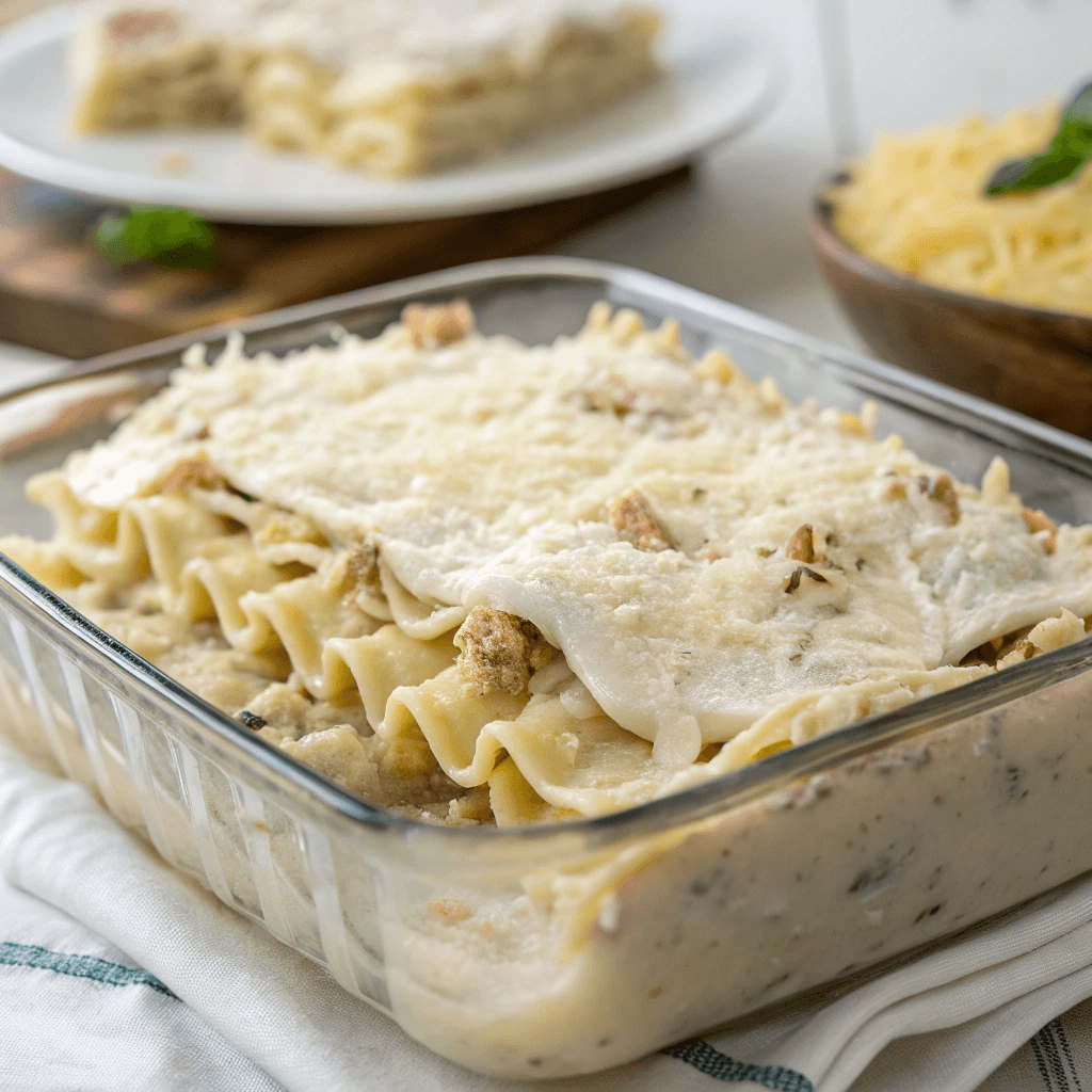 A baking dish with a layer of noodles, creamy chicken filling, and shredded mozzarella.