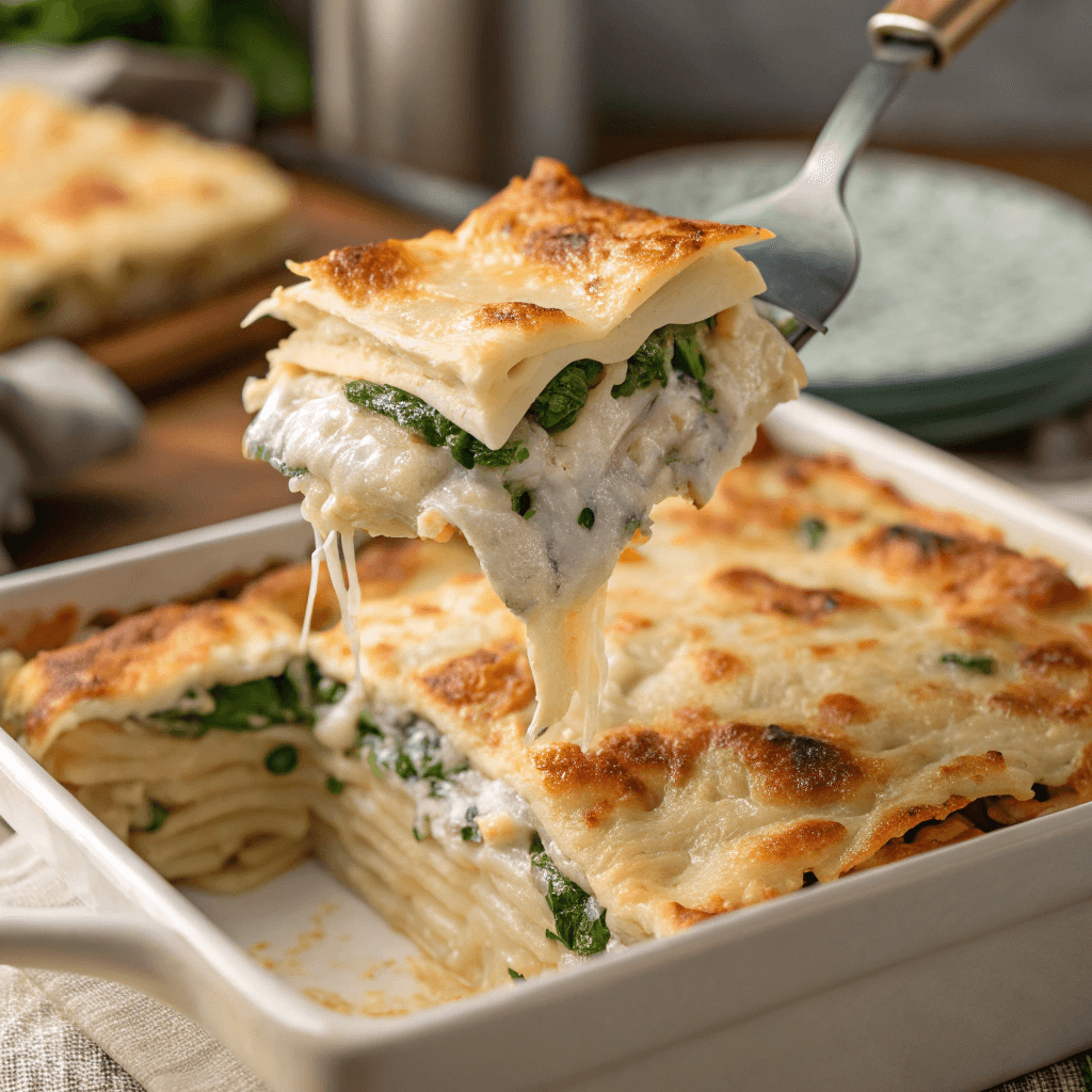 A bubbling, golden-brown lasagna fresh out of the oven, with a spatula lifting a cheesy slice.
