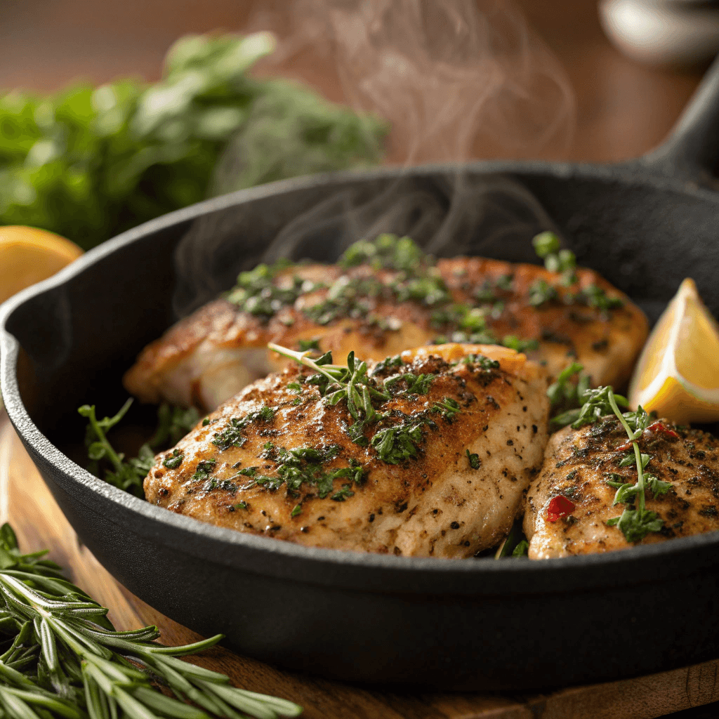 A sizzling skillet of herb crusted chicken Texas Roadhouse with golden-brown sear marks, garnished with fresh herbs and a lemon wedge on the side.