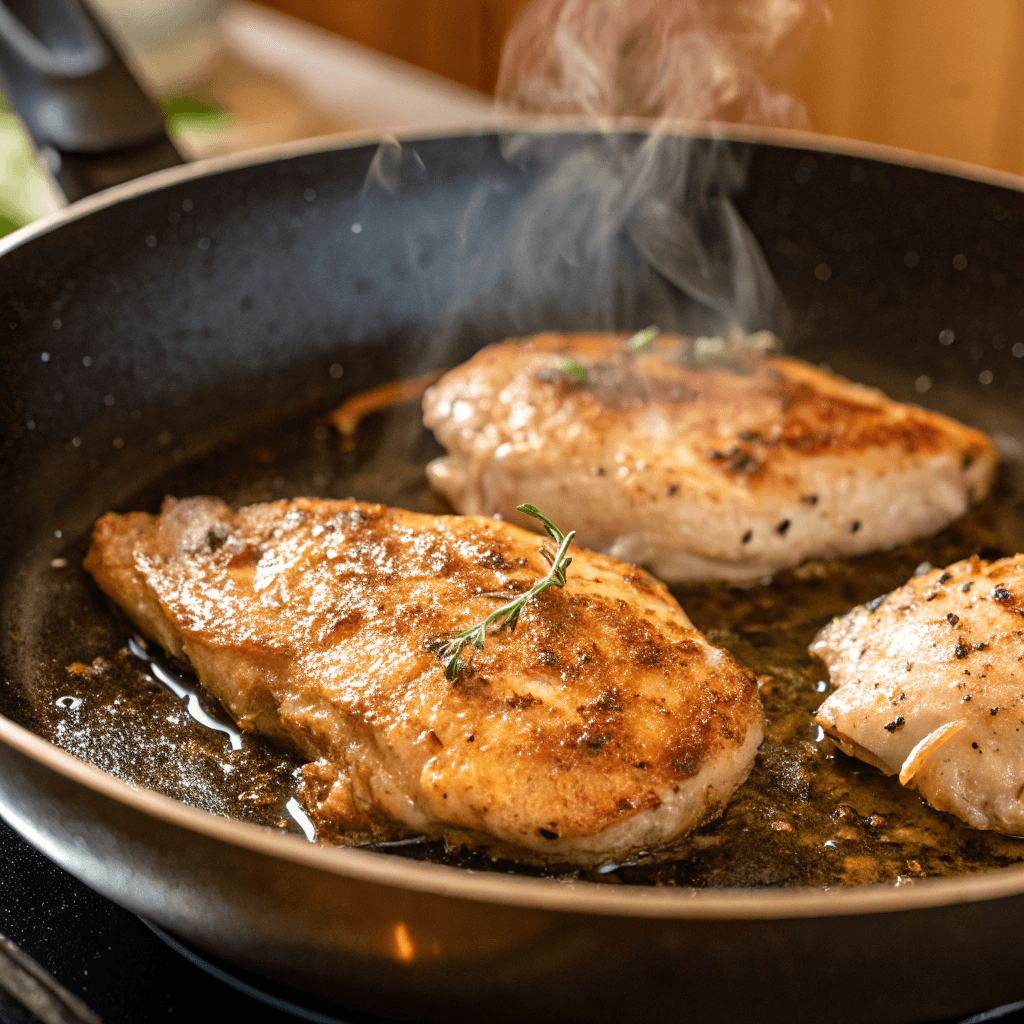 A skillet with sizzling chicken, developing a golden crust.