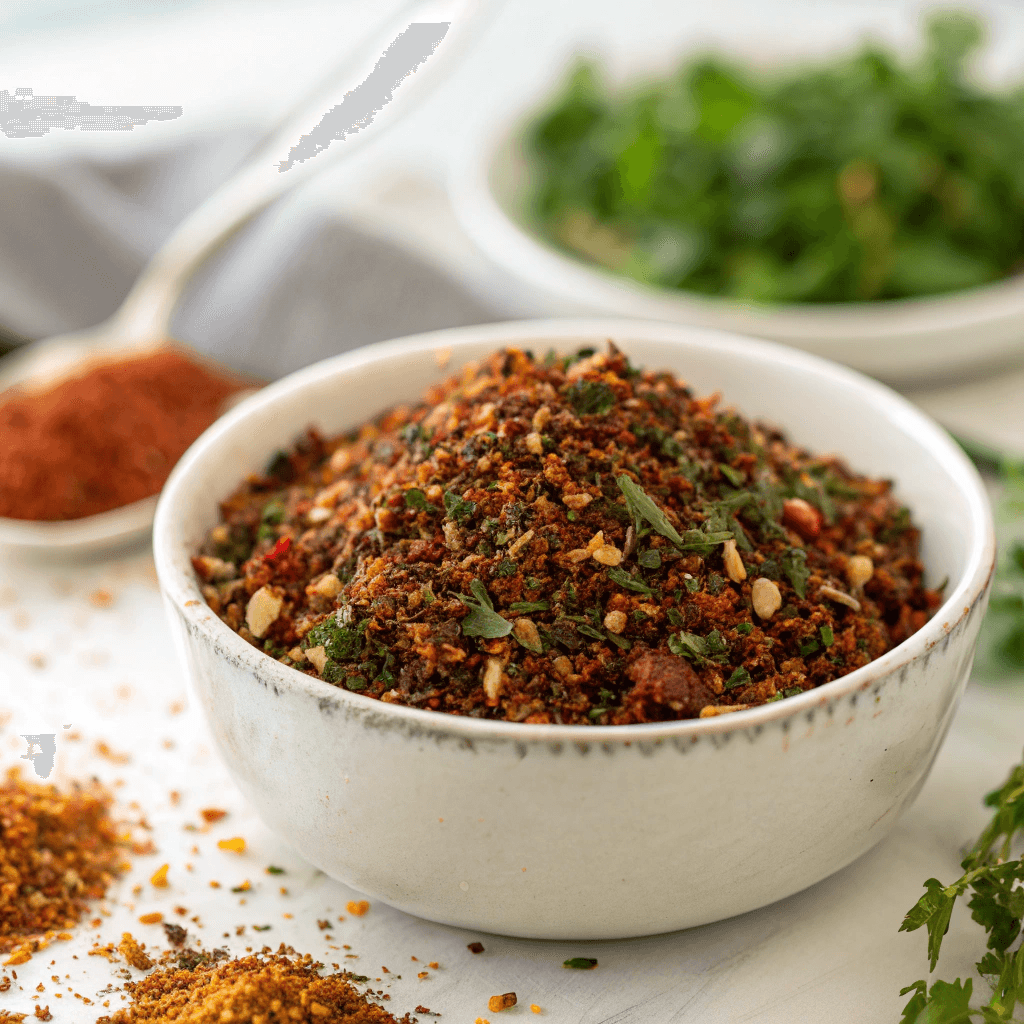 A small bowl with a blend of dried herbs and spices, ready to season the chicken.