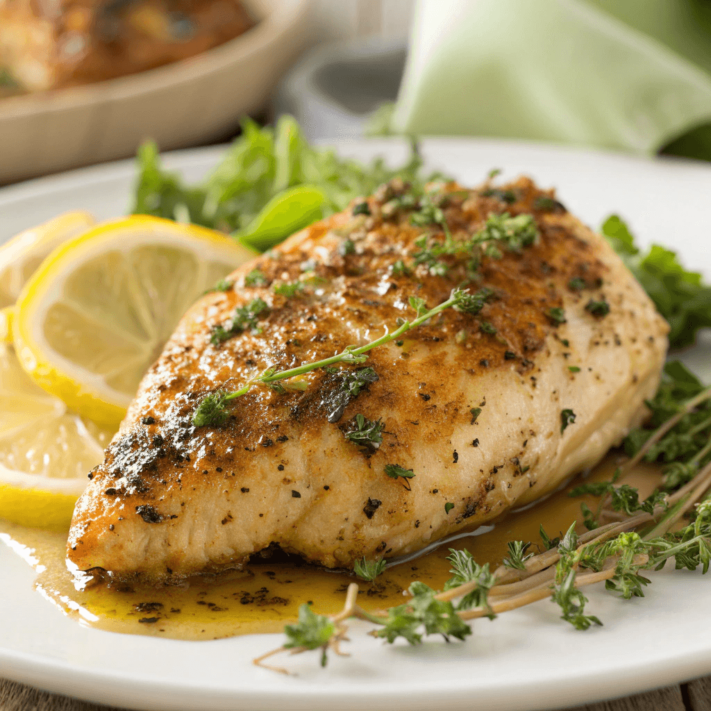 Freshly cooked herb-crusted chicken with a drizzle of lemon juice for a bright, citrusy finish.