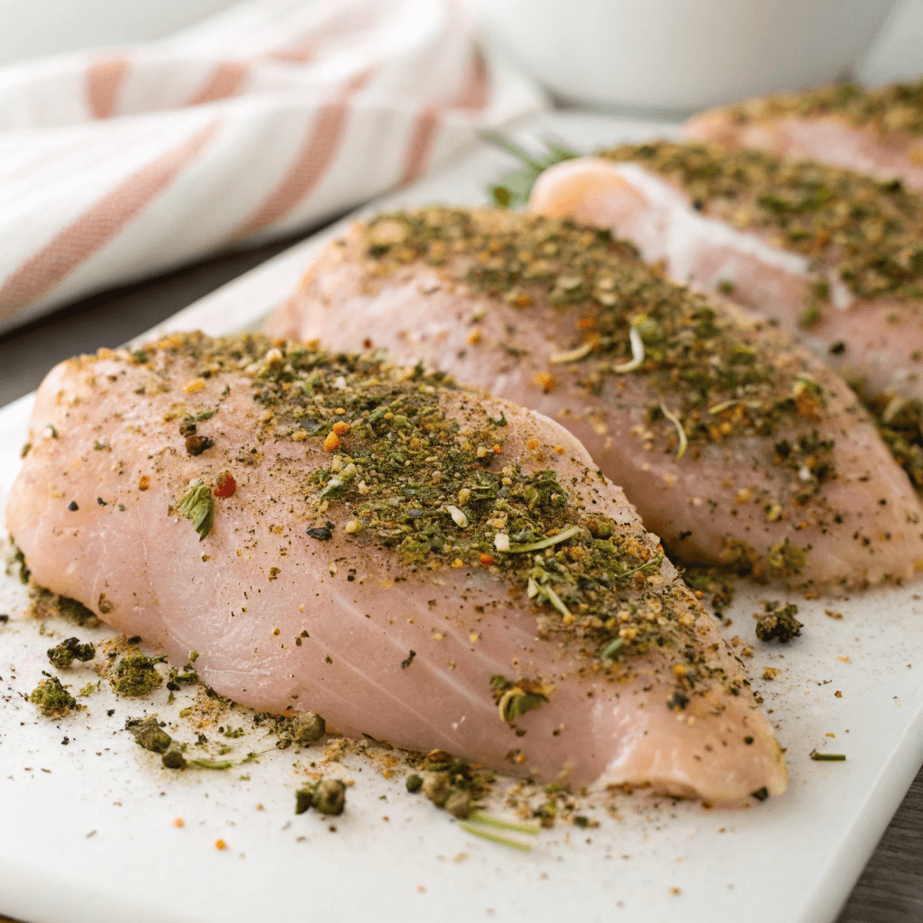 Chicken breasts coated in a fragrant herb mixture, ready to cook.