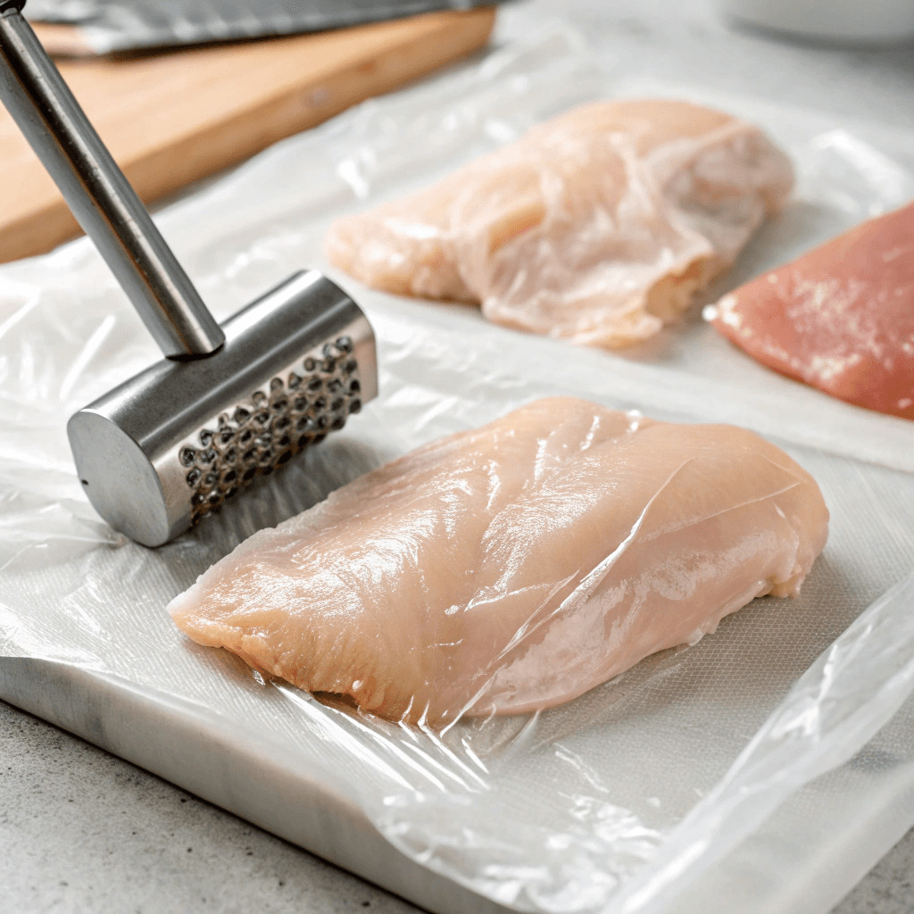 Chicken breasts placed between plastic wrap, being pounded with a meat mallet.