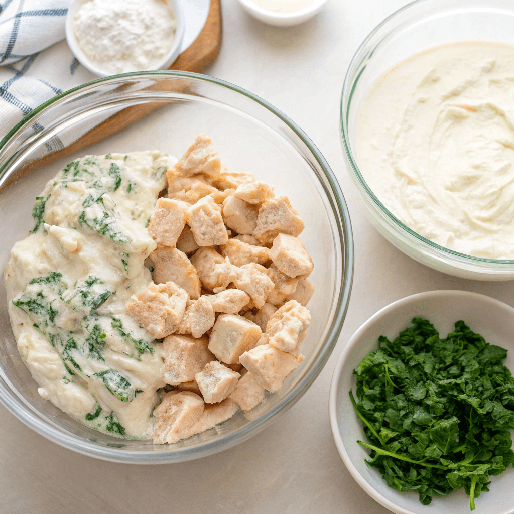 A mixing bowl with Alfredo-coated diced chicken and another bowl with ricotta cheese blended with spinach.