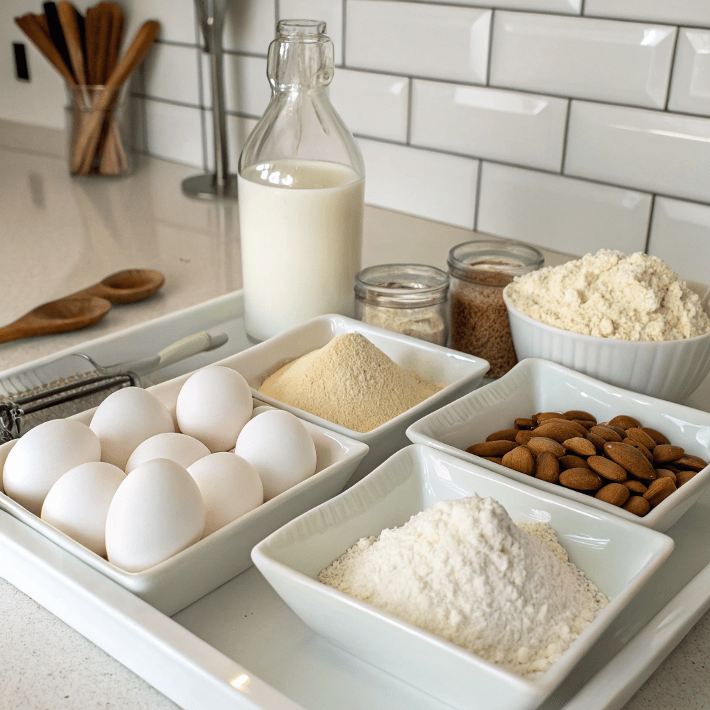 A neatly arranged display of almond flour, coconut flour, tapioca flour, eggs, and almond milk on a kitchen counter.