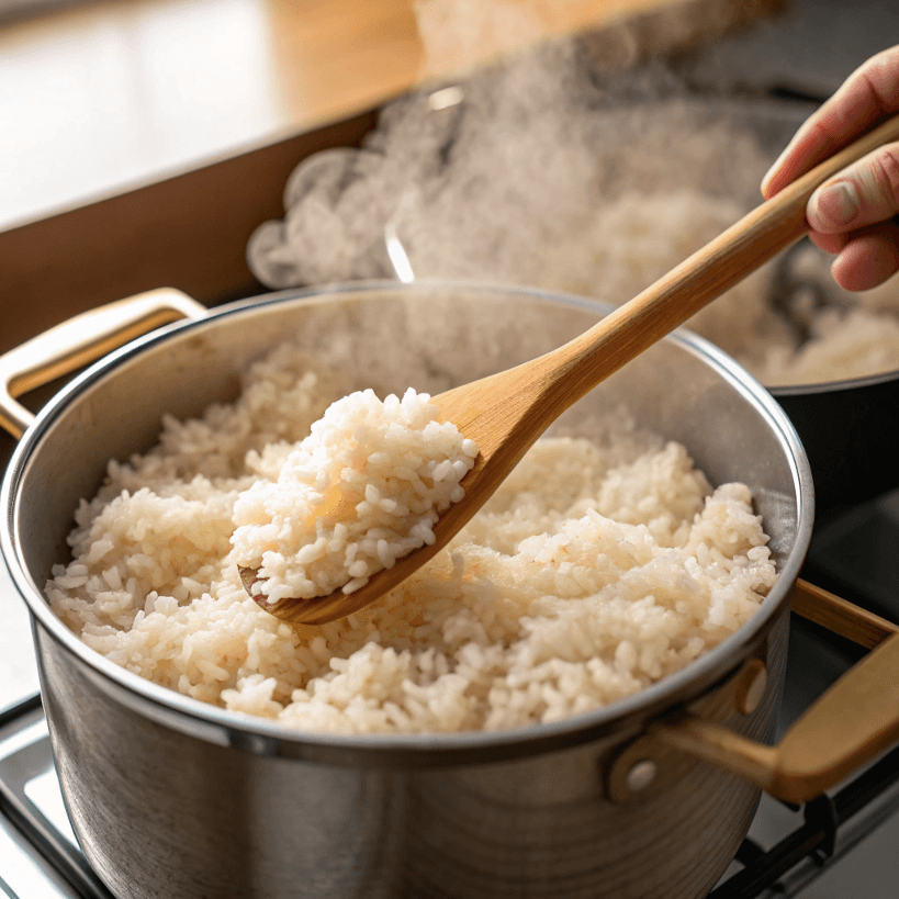 A pot of cooked sushi rice being fluffed with a wooden spoon