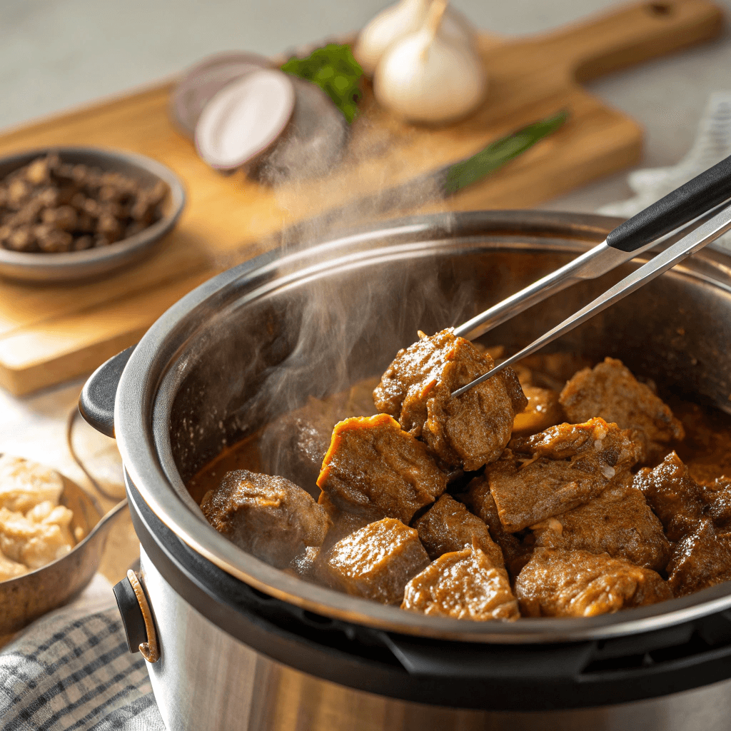 A sizzling hot Instant Pot with beef chunks searing to golden-brown perfection.
