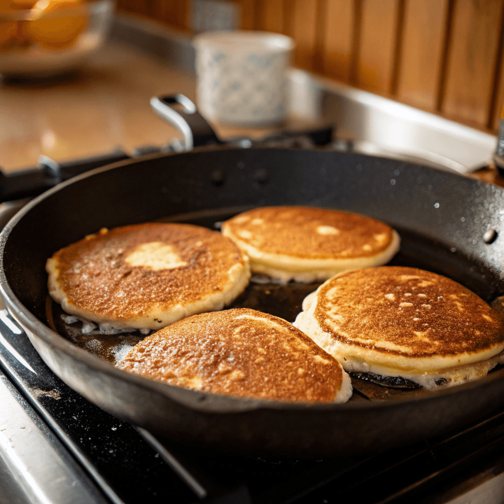 A skillet with golden-brown pancakes cooking, small bubbles forming on the surface.