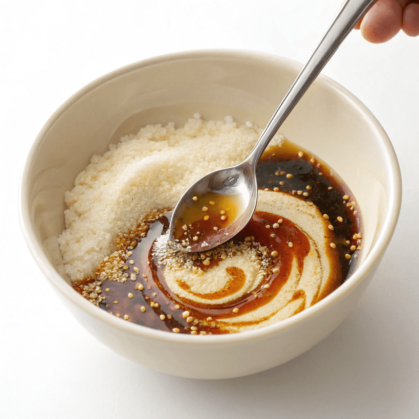 A small bowl of rice vinegar, sugar, and sesame oil being mixed
