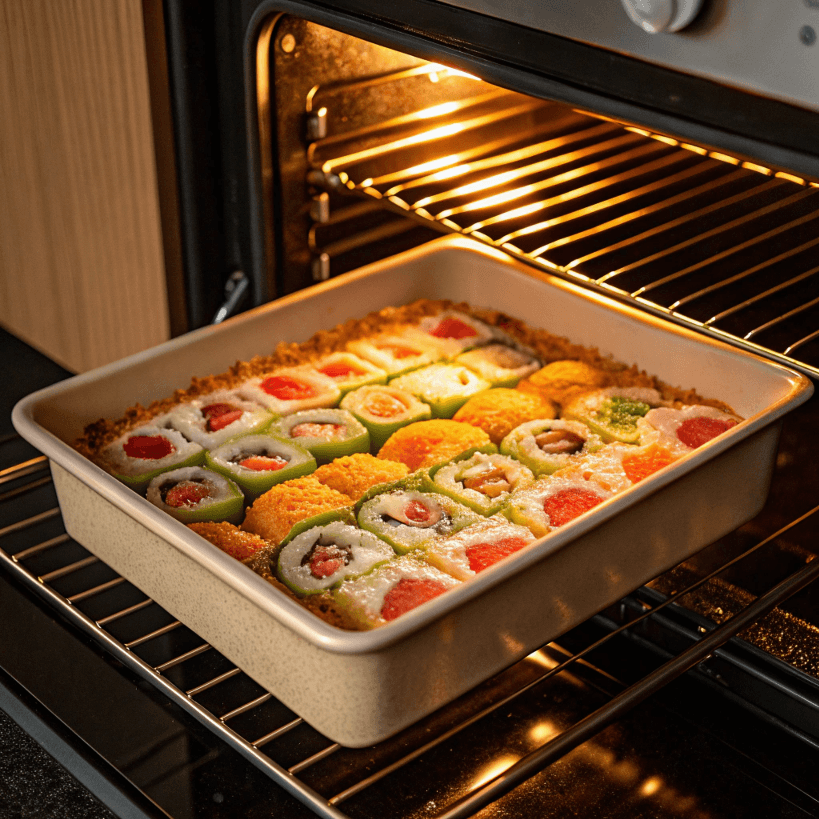 A Sushi Bake dish in the oven, turning golden brown