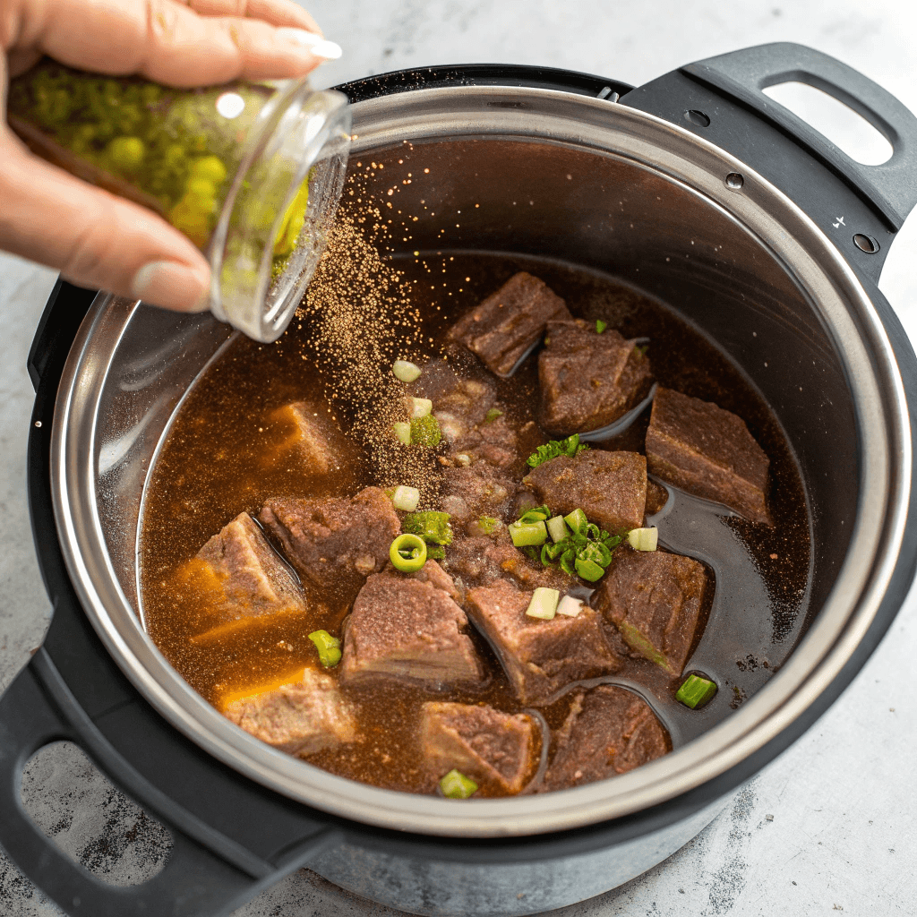 A top-down view of the Instant Pot filled with beef, broth, and seasoning packets being sprinkled in.