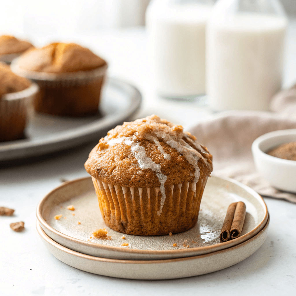 A warm batch of golden-brown Protein Pumpkin Muffins on a rustic wooden tray, with a sprinkle of cinnamon and a drizzle of maple syrup.