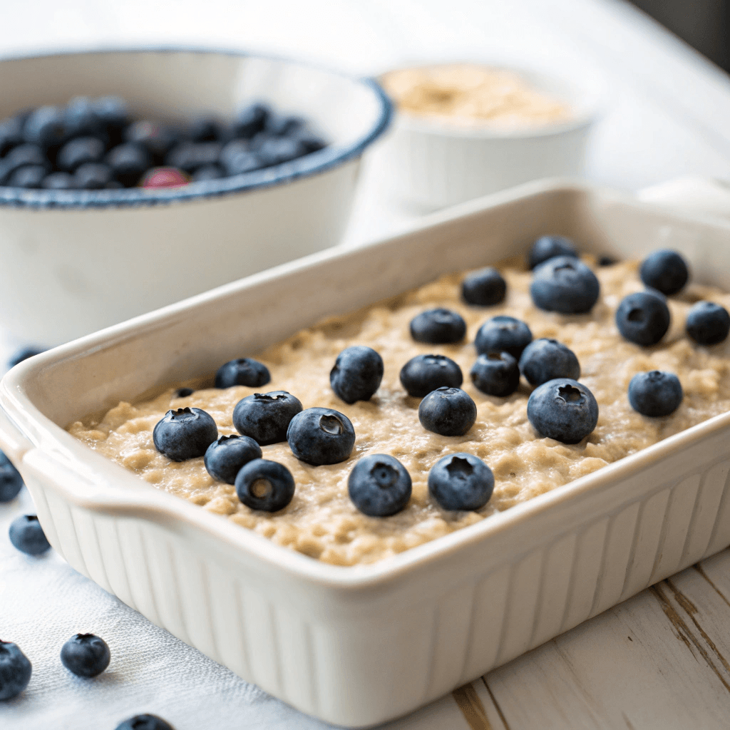 The baking dish filled with oat mixture, topped with fresh blueberries, ready to go into the oven.