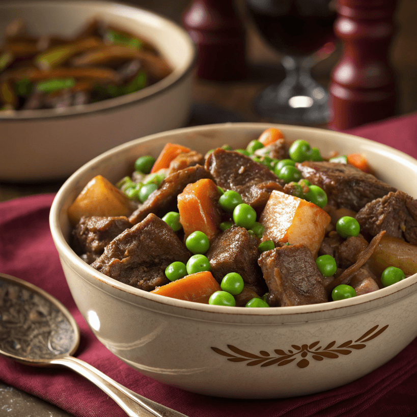 A bowl of tender beef mixed with cooked vegetables and peas, ready for the pie.