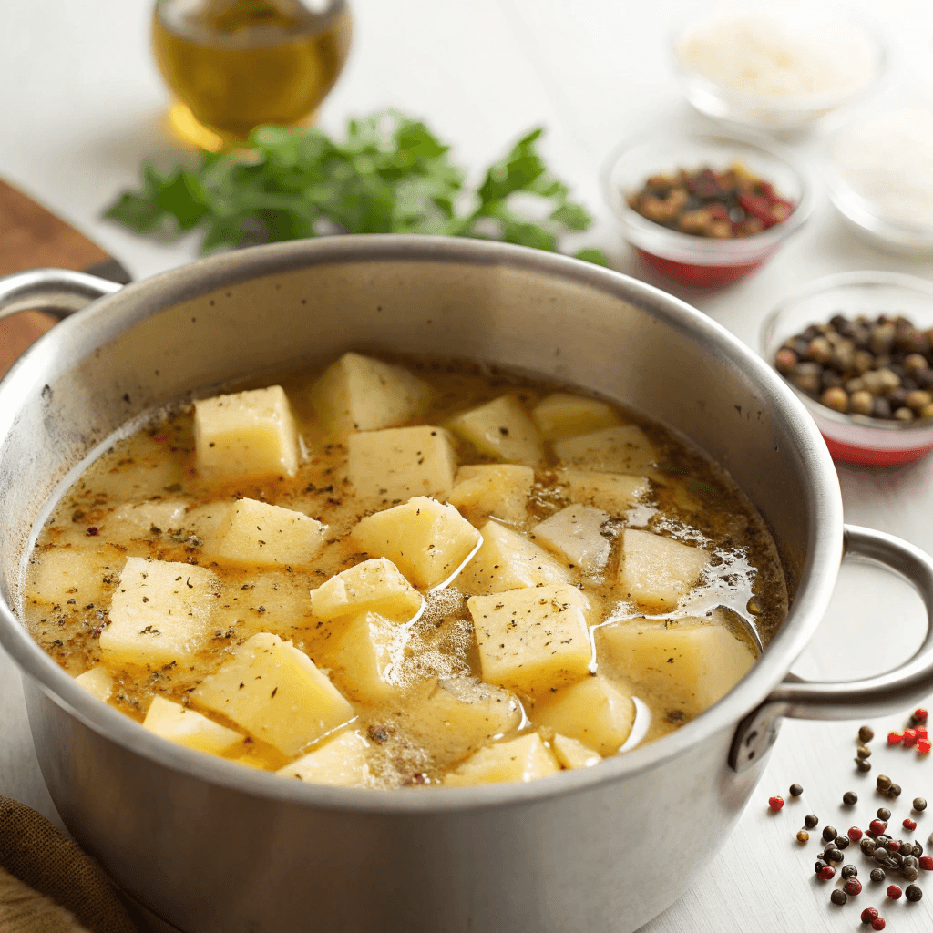 A bubbling pot filled with diced potatoes, broth, milk, and seasonings, simmering to perfection.