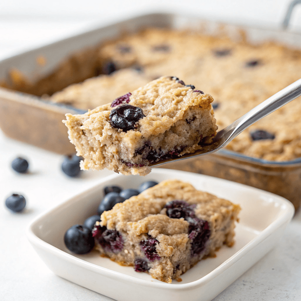 A freshly baked oatmeal square being lifted from the dish with a spatula, showing its soft and chewy texture.