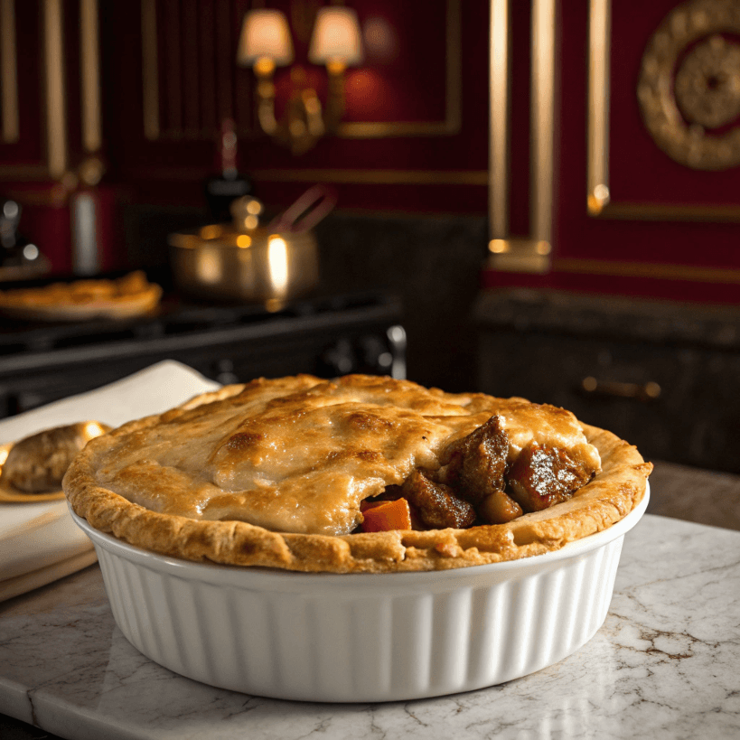 An assembled beef pot pie with a golden crust, fresh out of the oven.