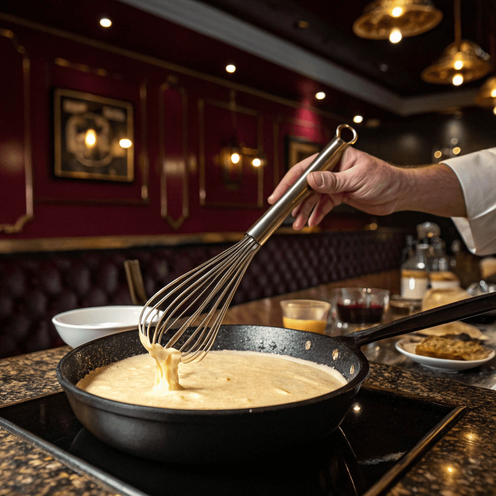 A whisk stirring a creamy cheese sauce in a cast iron skillet.