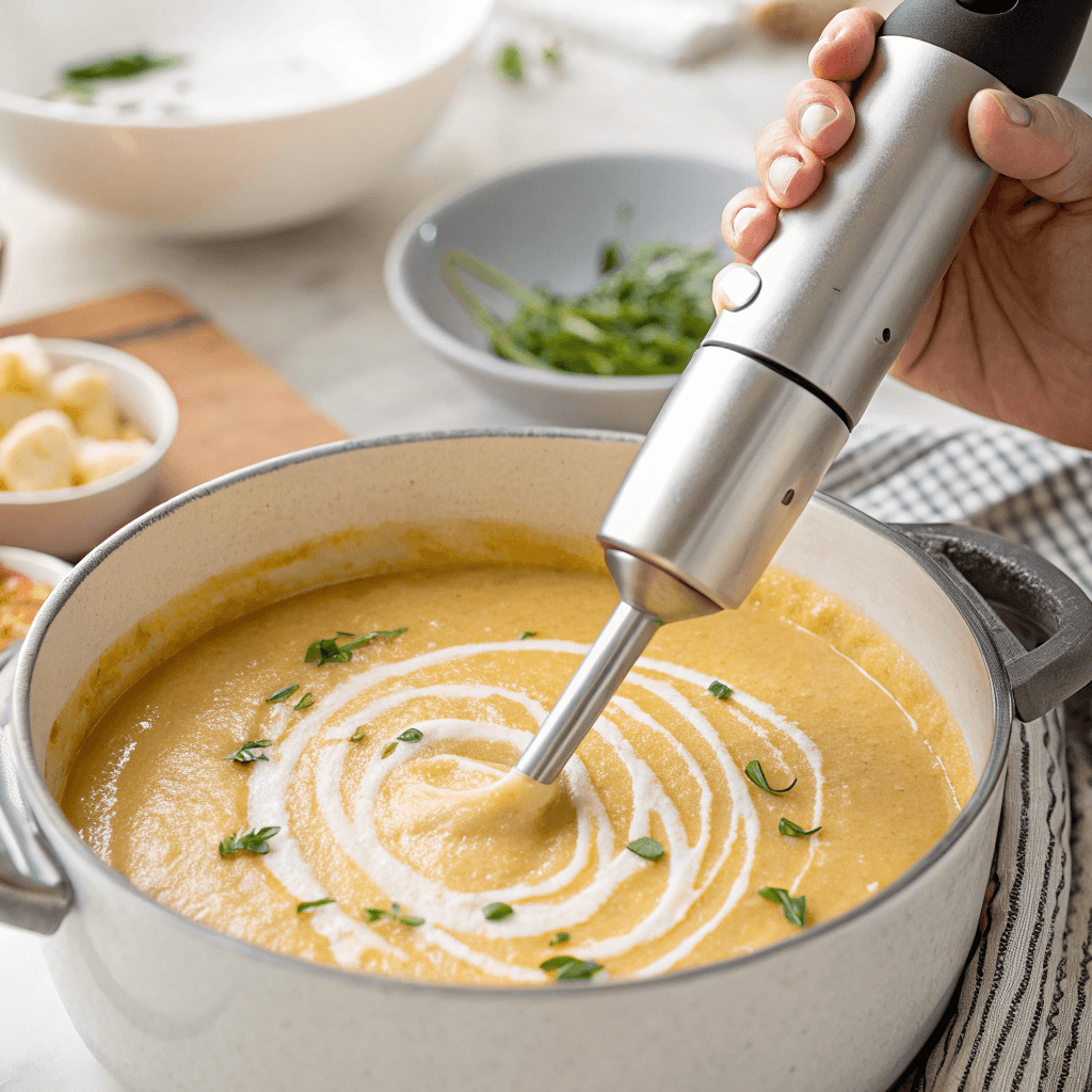 A hand-held immersion blender blending the soup to a smooth and creamy consistency.