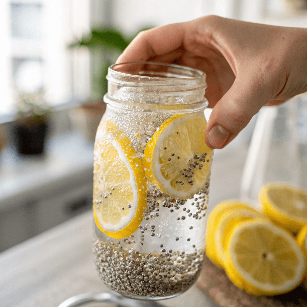 A hand shaking a mason jar with chia seed water to ensure an even texture.