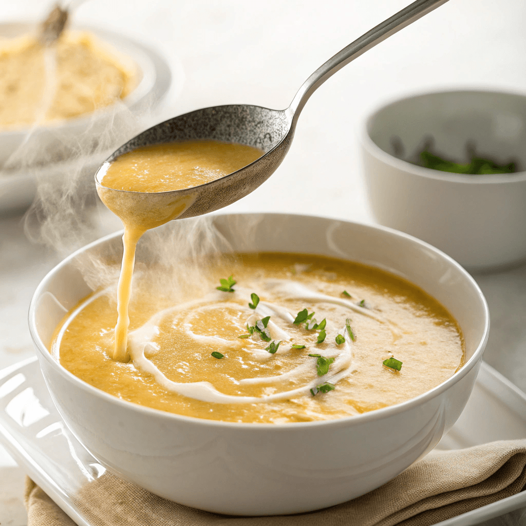 A ladle pouring the finished soup into a bowl, with steam rising.