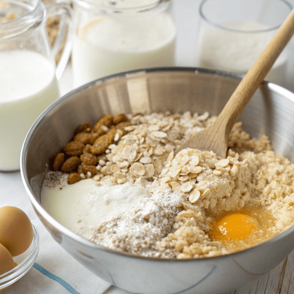 A large mixing bowl filled with oats, protein powder, almond milk, eggs, and other wet ingredients being stirred with a wooden spoon.