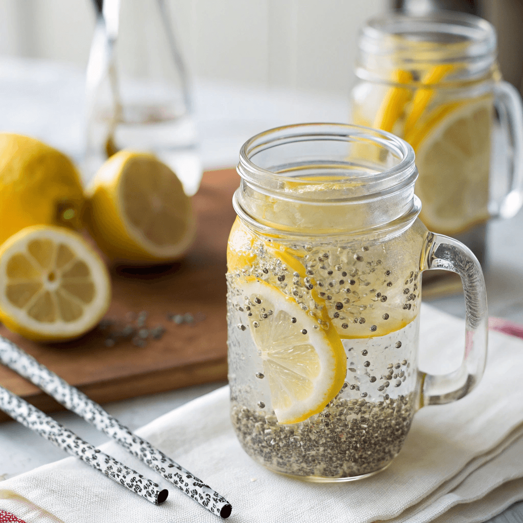 A mason jar filled with water, chia seeds, and fresh lemon slices, ready to be stirred.