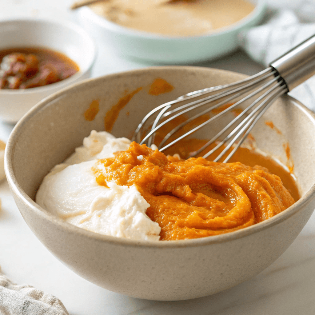 A mixing bowl filled with creamy pumpkin puree, Greek yogurt, and maple syrup, with a whisk resting beside it.