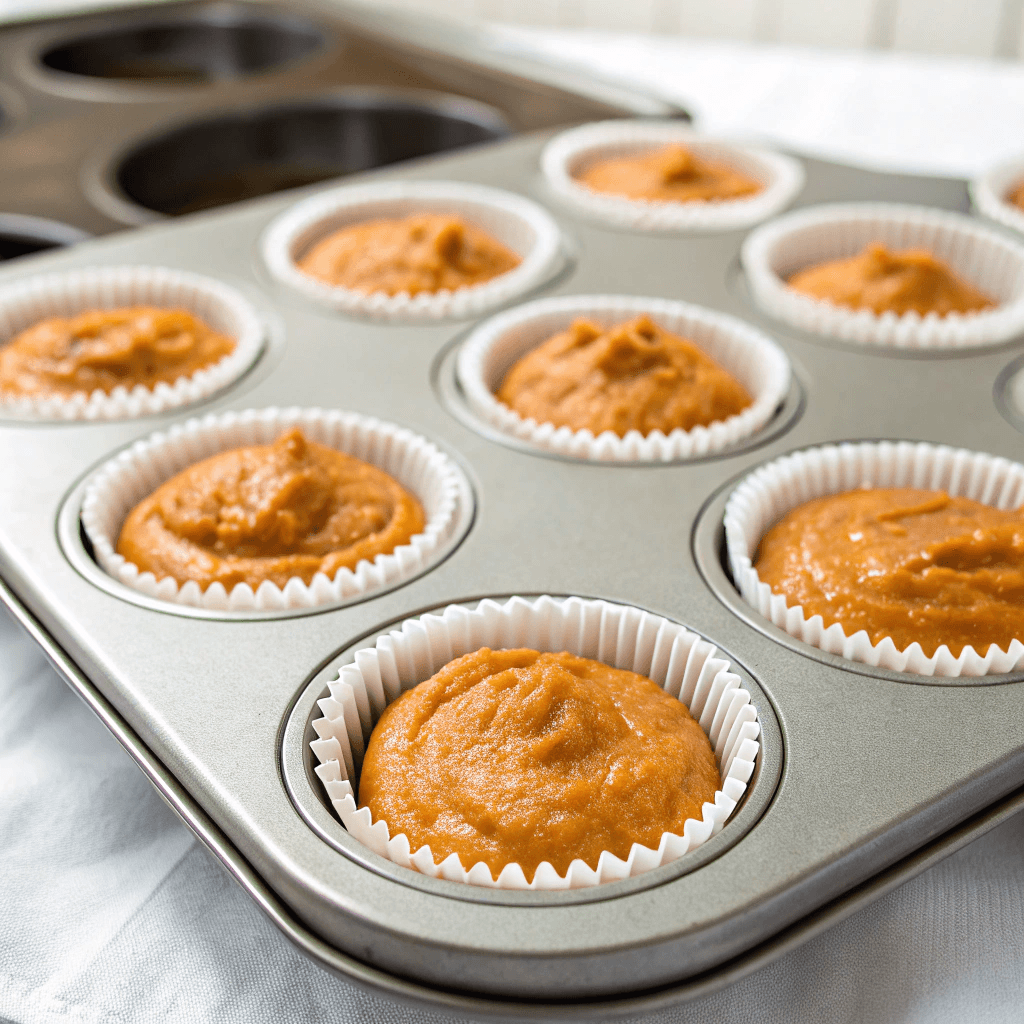 A muffin tin filled with perfectly portioned pumpkin batter, ready to go into the oven.