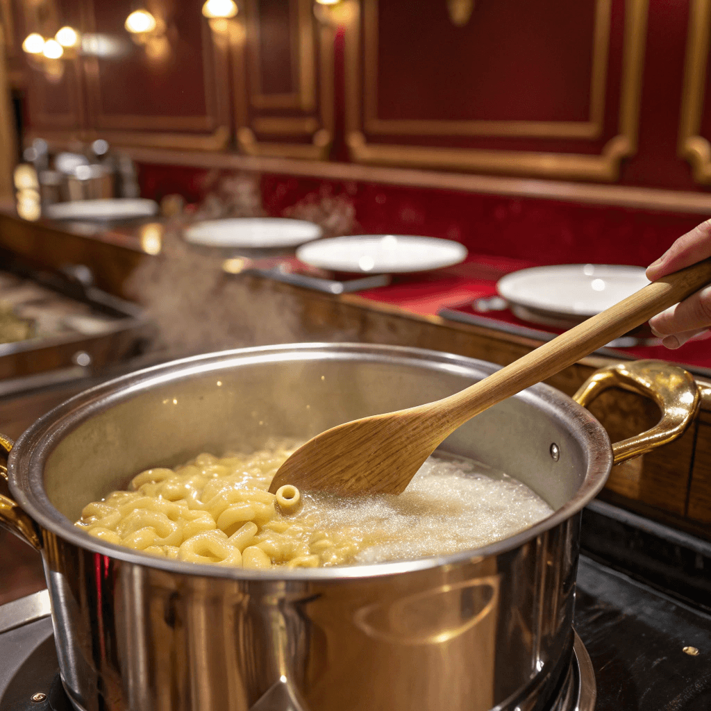 A pot of boiling water with elbow macaroni being stirred by a wooden spoon.