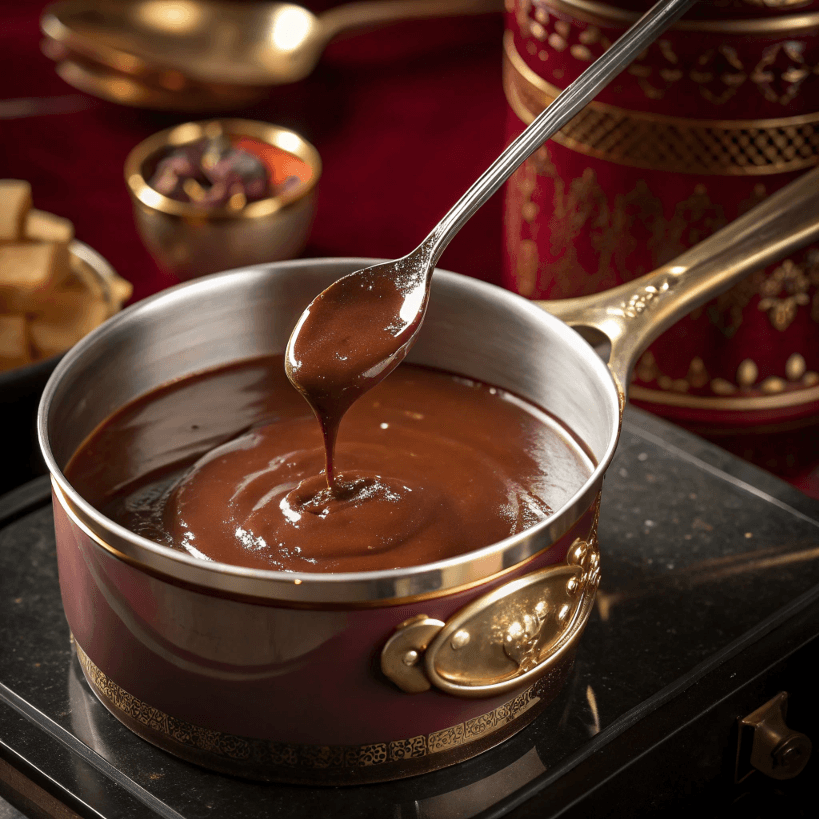 A saucepan with thickened beef gravy, smooth and ready to pour.