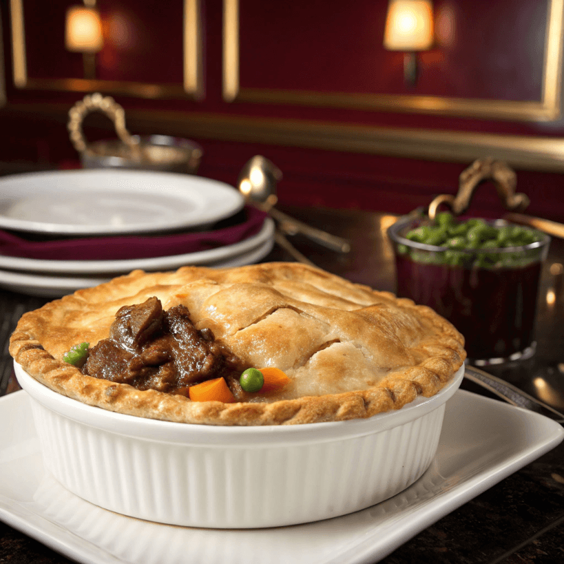 A golden-brown beef pot pie with steam rising, revealing a hearty filling of tender beef and vegetables.