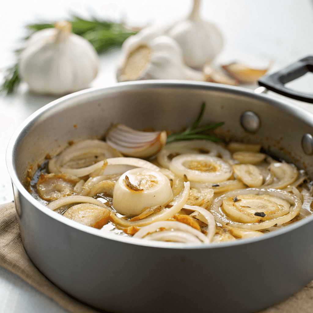 A close-up of a pot with sizzling onions and garlic, releasing their rich aroma.