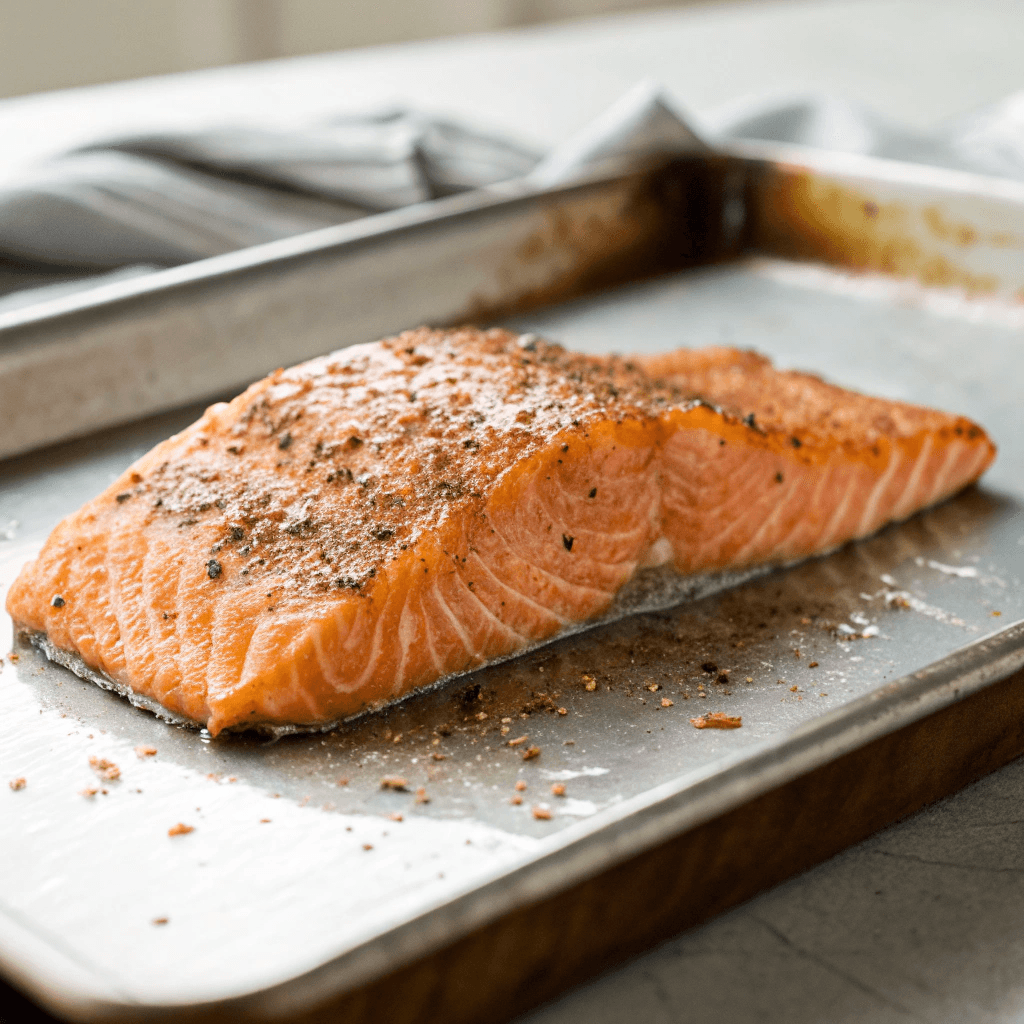 A beautifully seasoned salmon fillet on a baking sheet, ready to go into the oven.