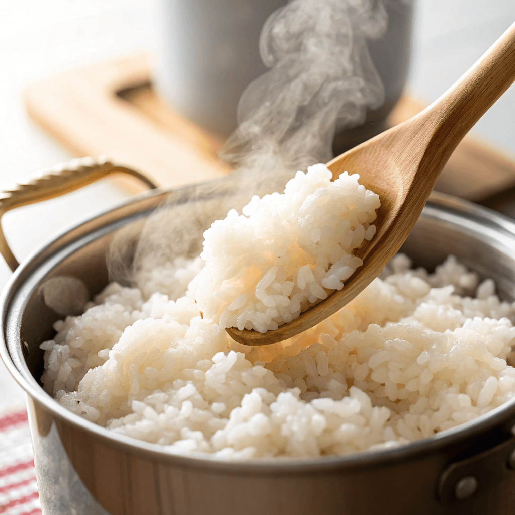 Steamy, fluffy sushi rice being stirred with a wooden spoon in a pot.