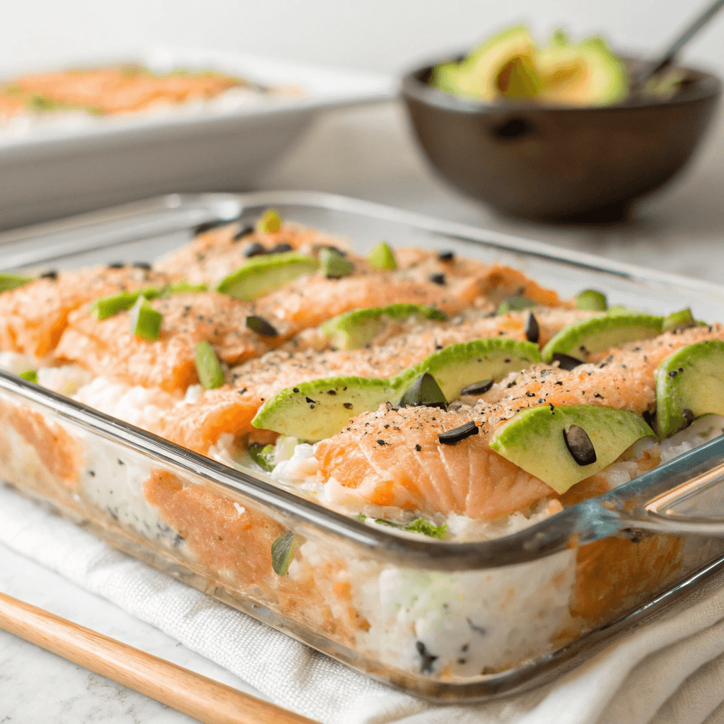 A spoonful of salmon sushi bake wrapped in a roasted seaweed sheet, ready to be eaten.