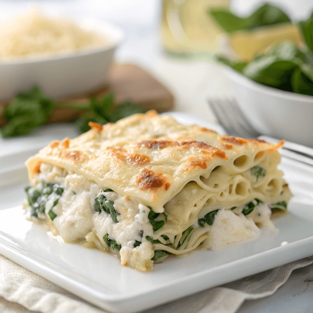 A golden-baked Chicken Alfredo Lasagna in a casserole dish, with gooey melted cheese bubbling on top.