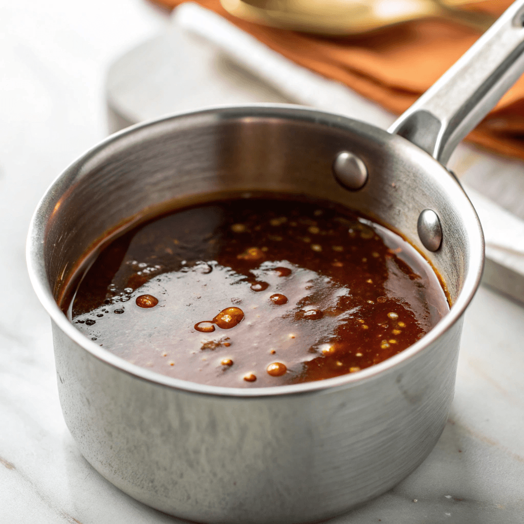 A small saucepan filled with glossy teriyaki sauce, simmering to perfection.