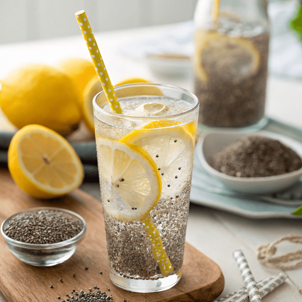 A glass of chia seed water recipe with floating chia seeds and lemon slices, served with a straw on a wooden table.