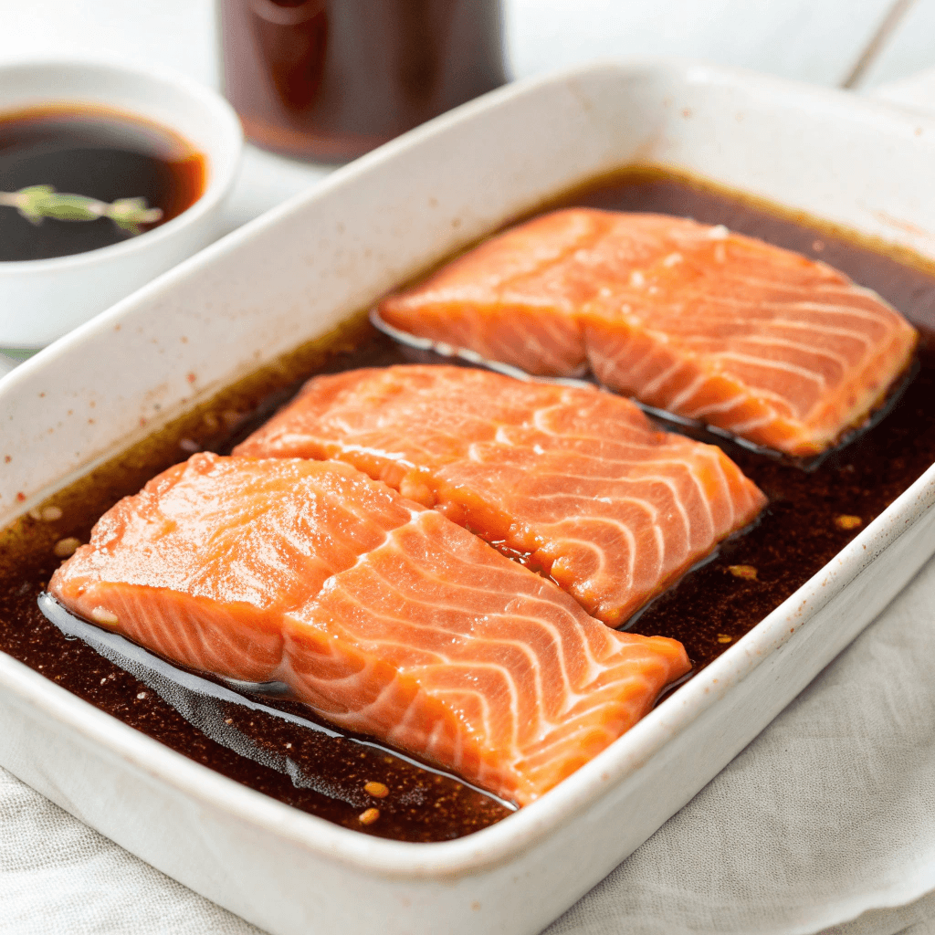Raw salmon fillets marinating in a rich, dark teriyaki sauce.