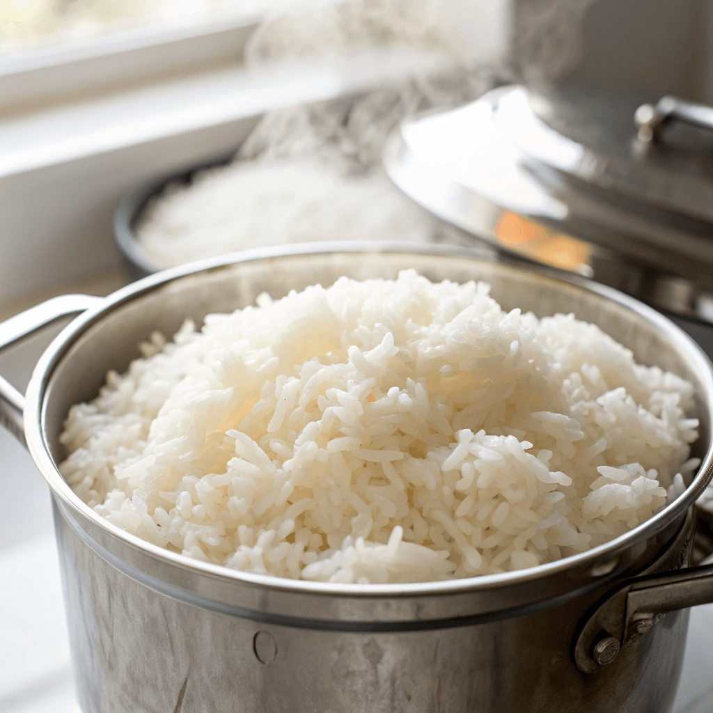 Steaming jasmine rice in a pot, ready to be fluffed.