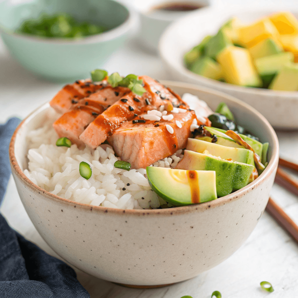 A beautifully arranged bowl with rice, salmon, avocado, cucumber, mango, and edamame.