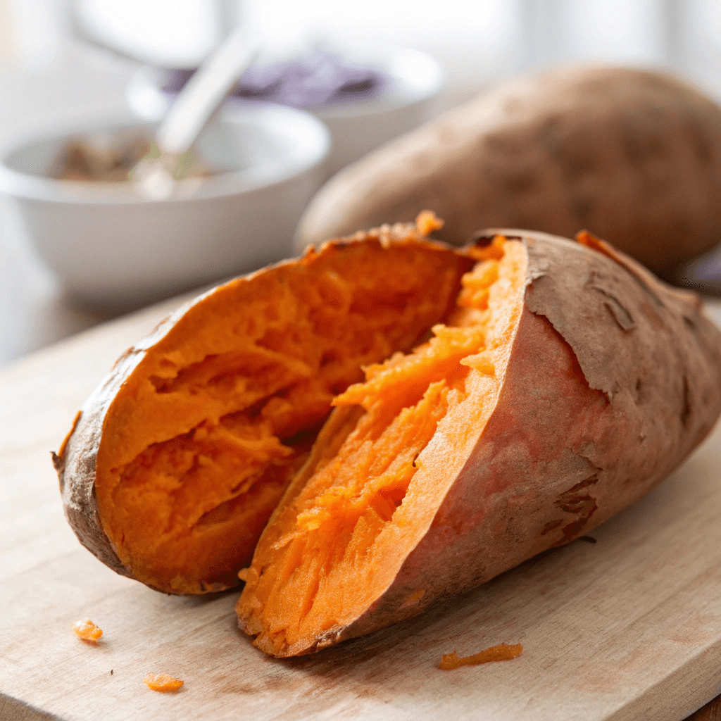 A perfectly cooked Microwave Sweet Potato, sliced open to reveal its soft, orange interior, topped with a drizzle of melted butter and cinnamon.