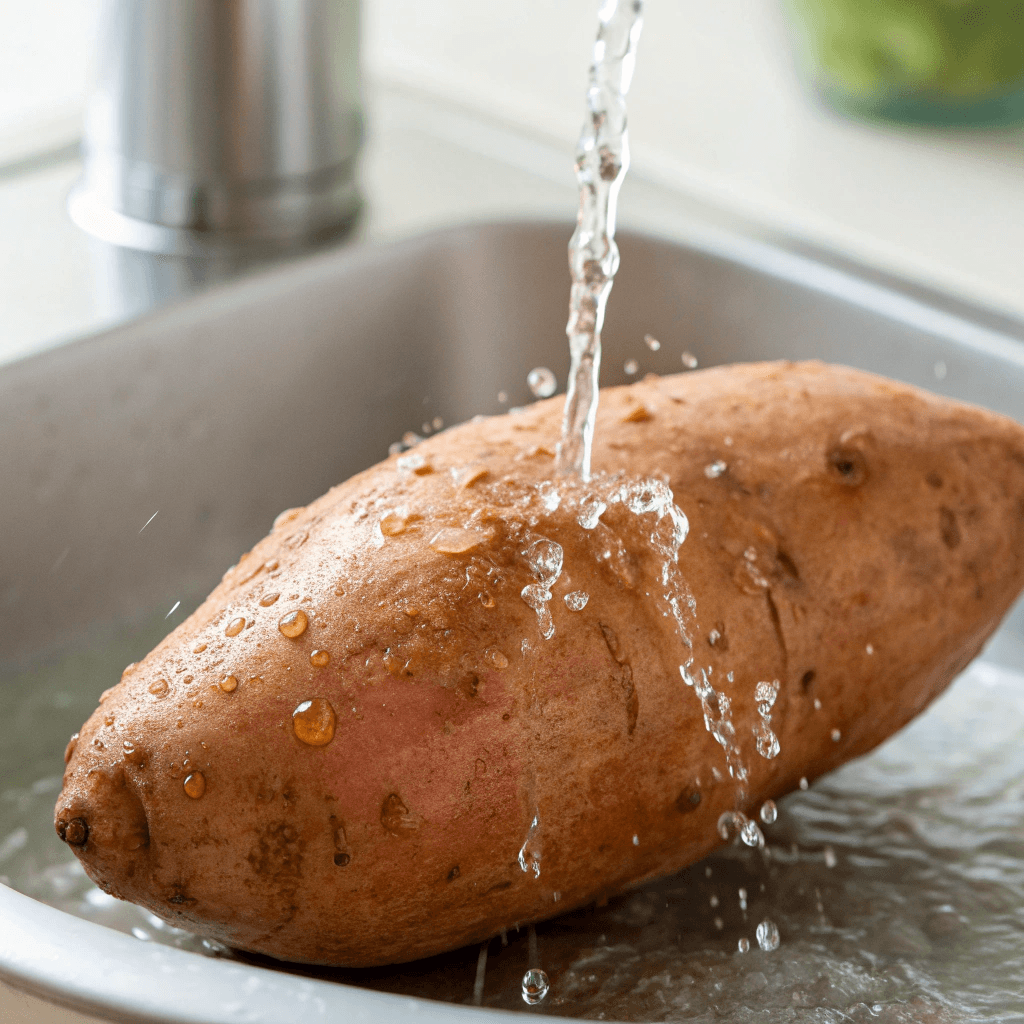 A sweet potato being washed under running water, with droplets glistening on the skin.
