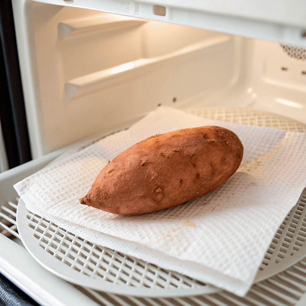 A sweet potato on a paper towel inside a microwave, ready to cook.