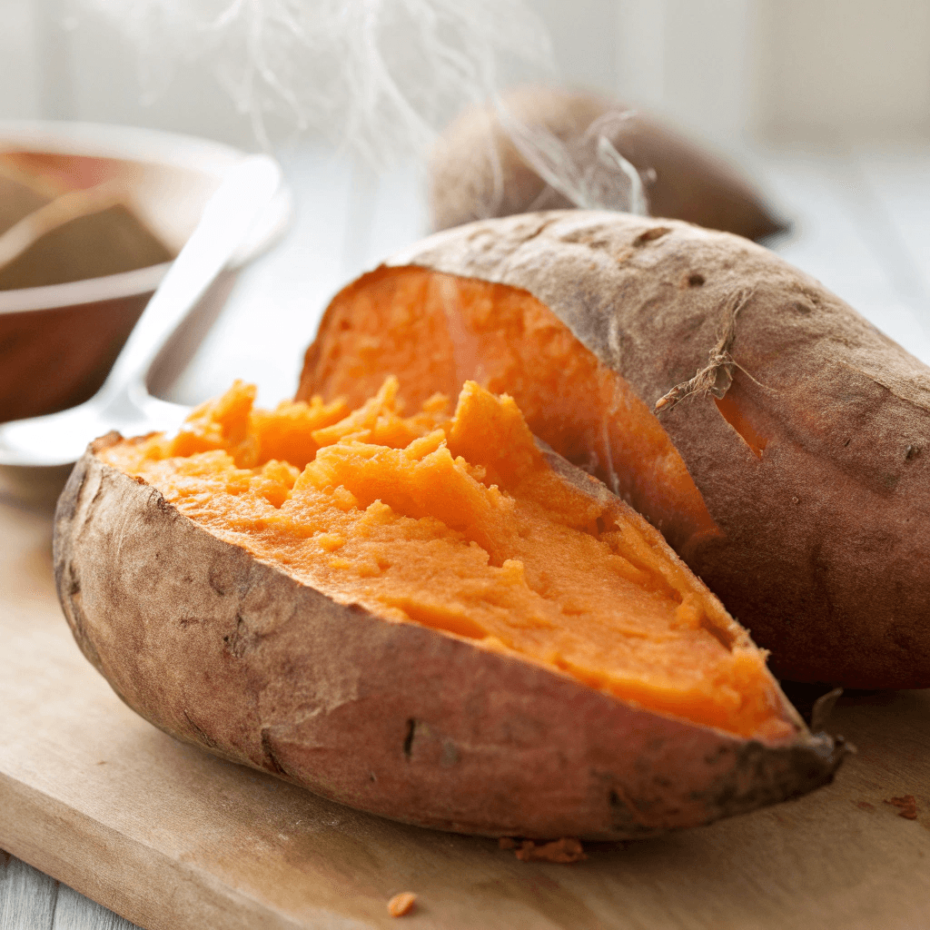 A cooked sweet potato sliced open, with steam rising from its soft, orange flesh.