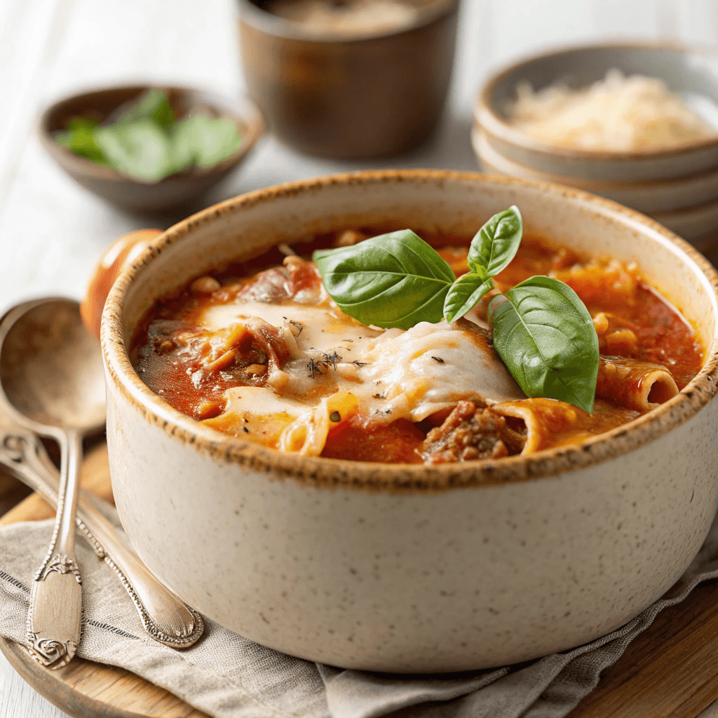 A steaming bowl of lasagna soup topped with melty cheese and fresh basil, served in a rustic ceramic bowl on a wooden table.